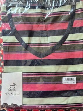 Woolx Women’s Long Sleeve V-Neck Tee — Pink, Black & Olive Stripes